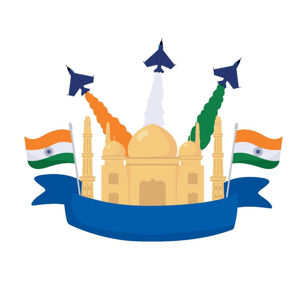 Indian flag with jets flying over a taj mahal vector