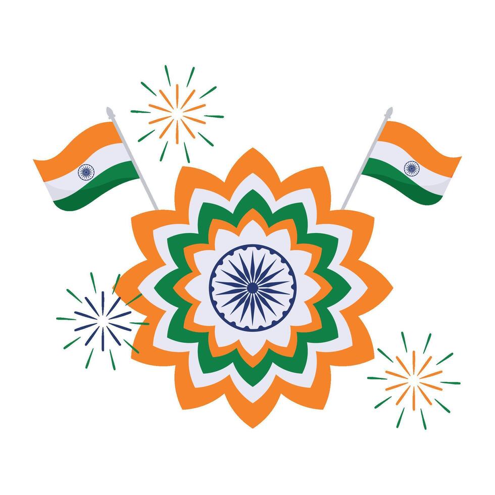 Indian flag with fireworks and flowers vector