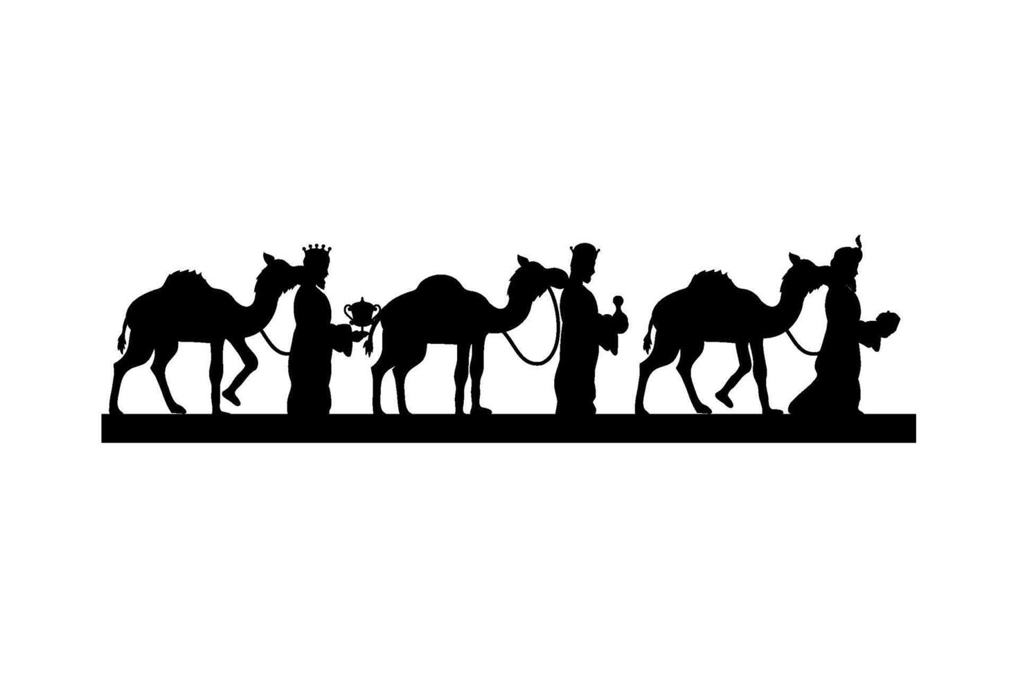 Silhouette of three men and camels with a man standing in the middle vector