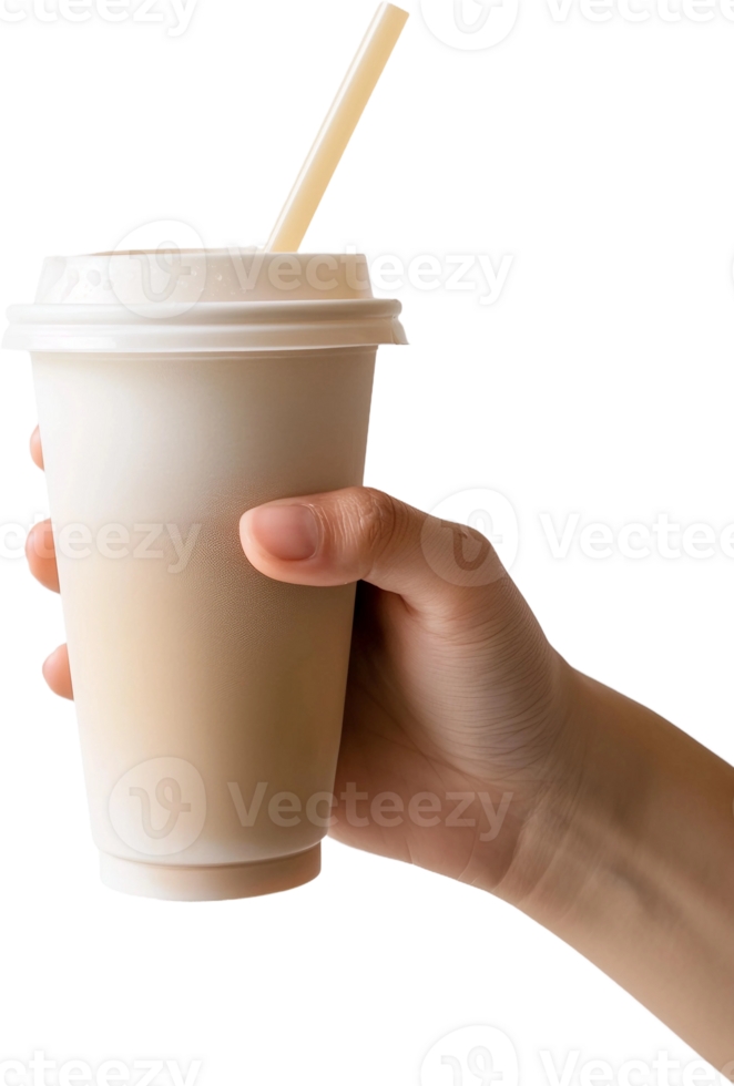 hand holding a cup of coffee with a straw png