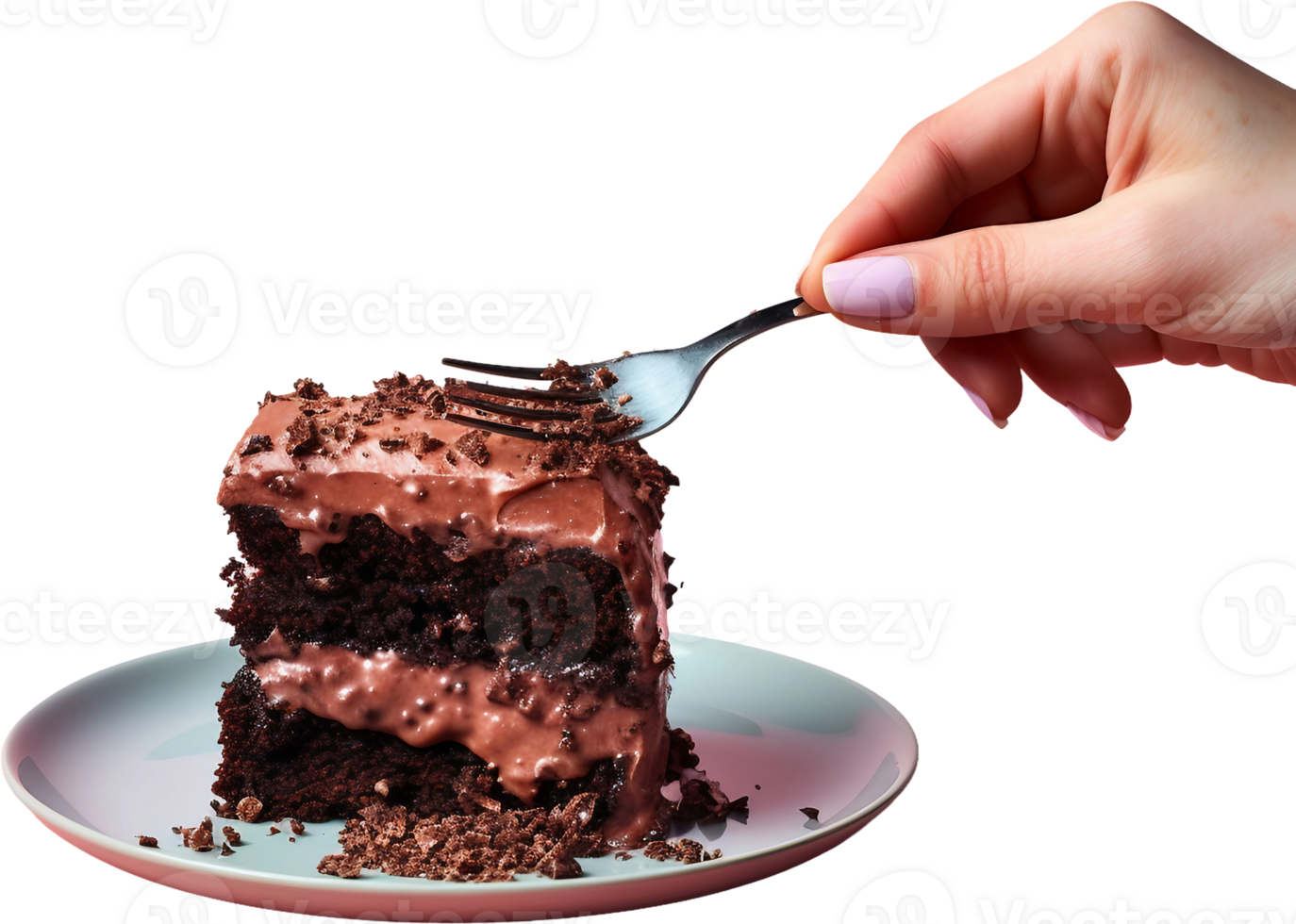 a person holding a fork over a piece of chocolate cake png