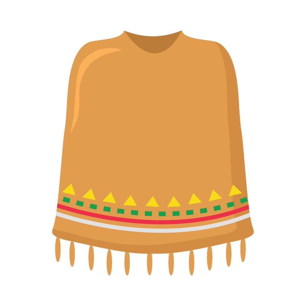 A brown poncho with fringes and a colorful pattern vector