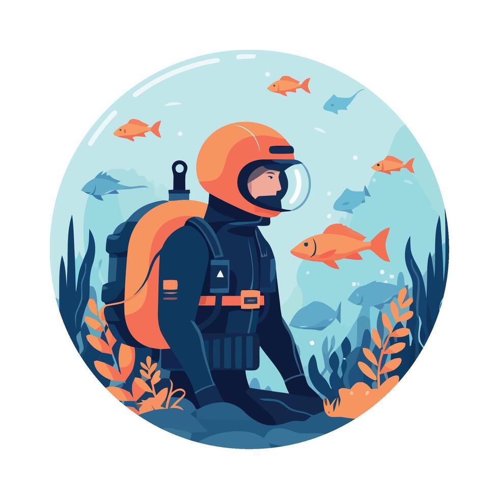 Scuba diver underwater with fish and plants vector
