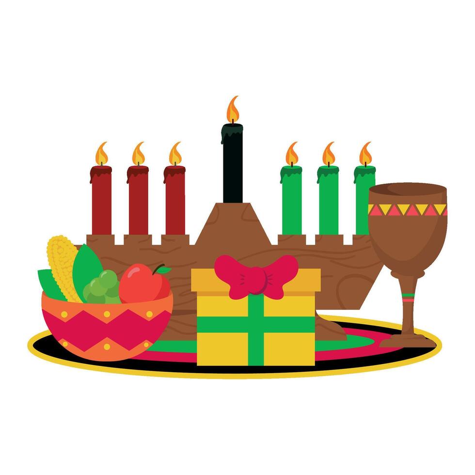 A menorah with candles and fruit on a plate vector