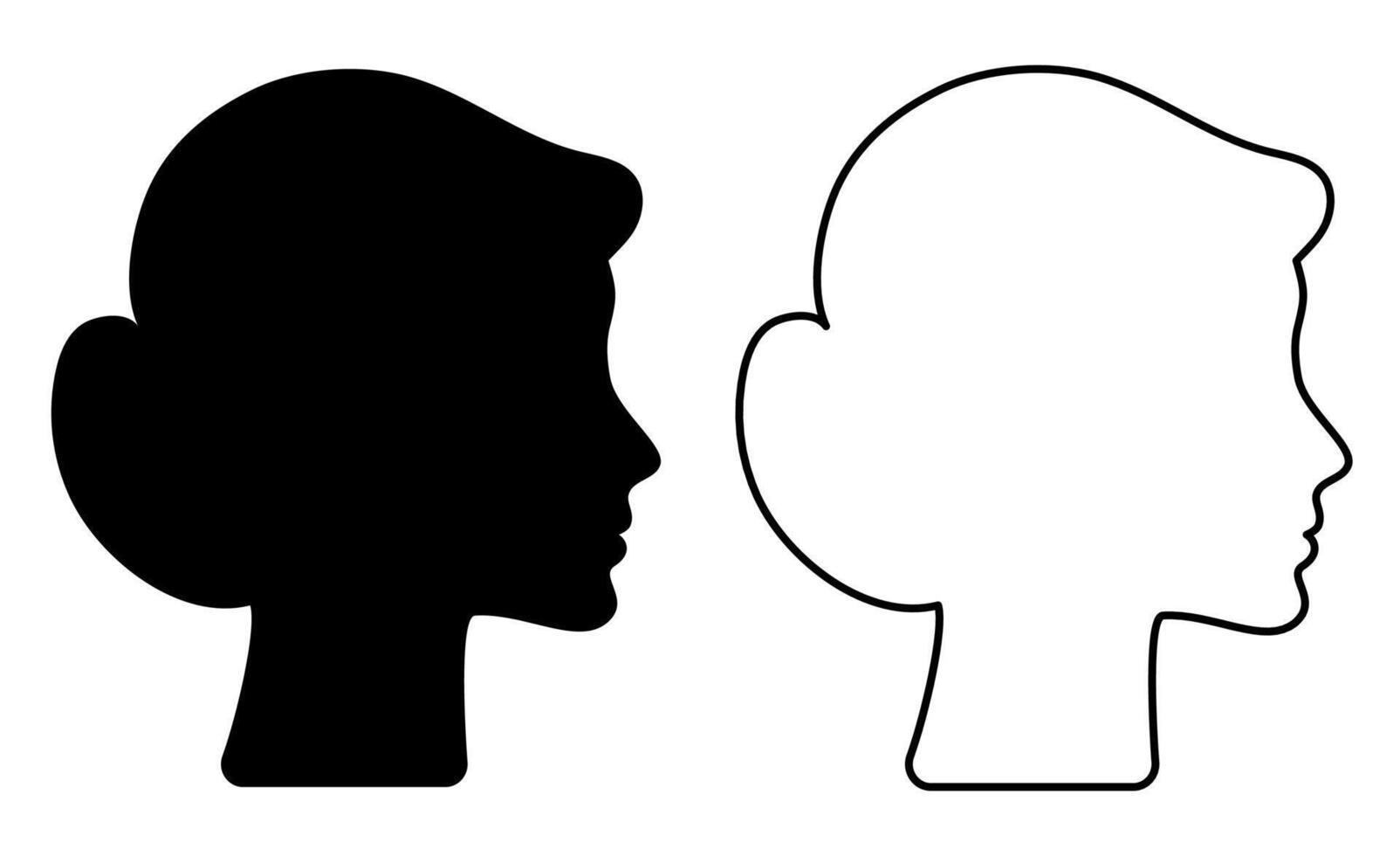 Female head profile icon. Black shadow, silhouette of a person's face, black and white avatar of a person. Head outline. vector