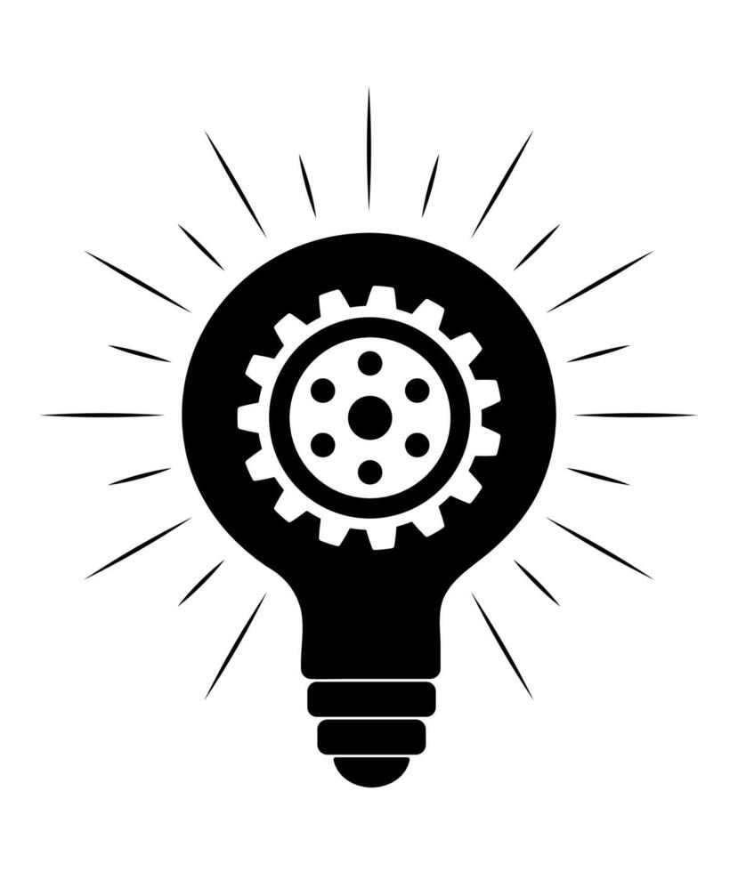 Business icon of a light bulb with a gear inside. Silhouette of a light bulb. Idea, purpose, business, digital content. Light bulb graphic symbol for print and design vector
