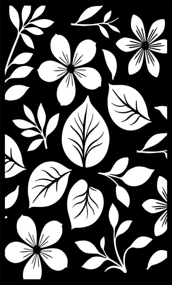 a black and white drawing of a leaf with leaves and flowers. vector