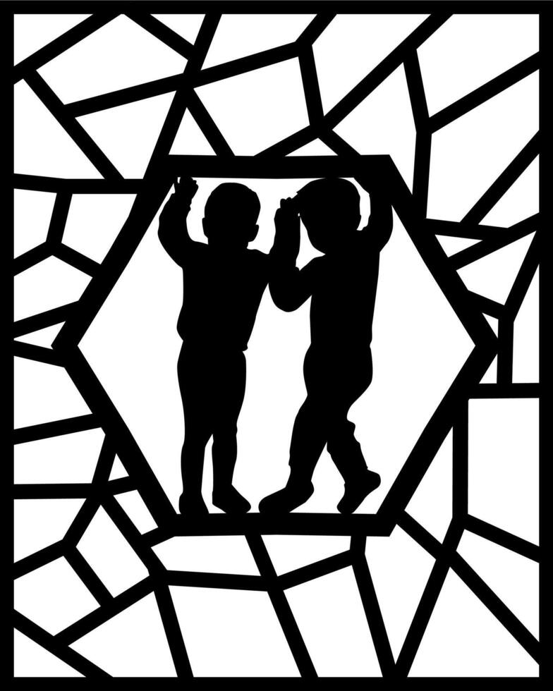 two small children playing on the laser cutting frame vector