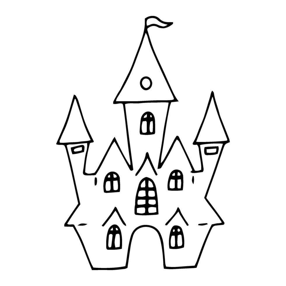 Haunted house silhouette. Black and white outline drawing for Halloween. Hand drawn isolated graphic clipart. Line sketch with mansion for creepy invitation decor, horror. Doodle style vector