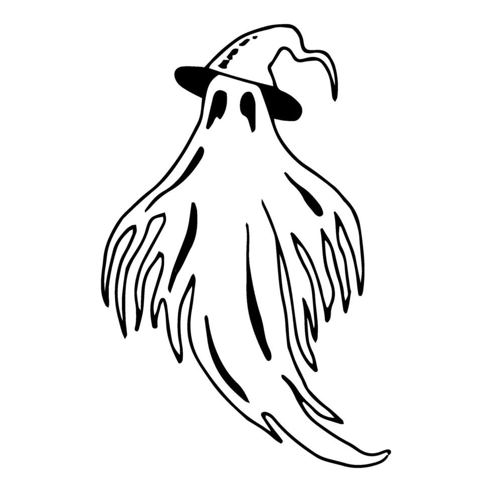 Scary ghost in hat. Halloween graphic illustration. Hand drawn isolated line silhouette. Monochrome creepy monster clipart for tattoo, holiday, horror. Night magic creature. Simple Doodle style vector