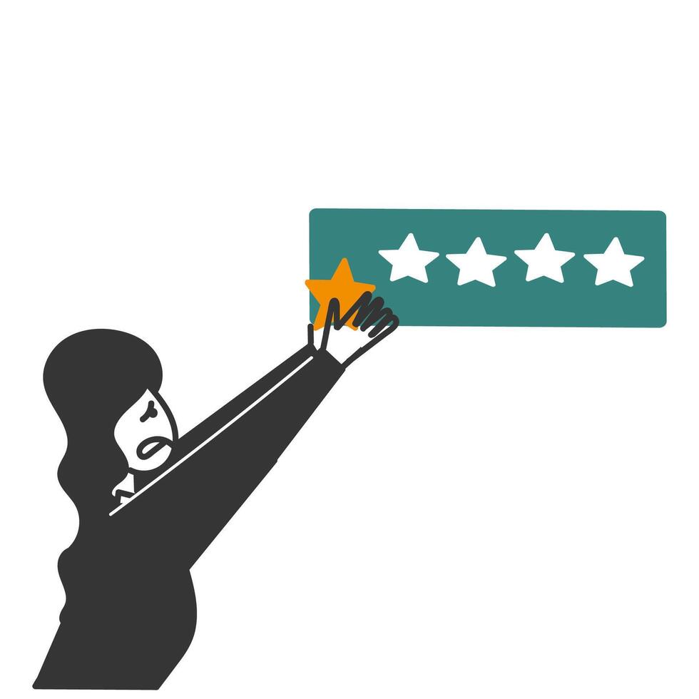 a woman holding up a five star rating vector