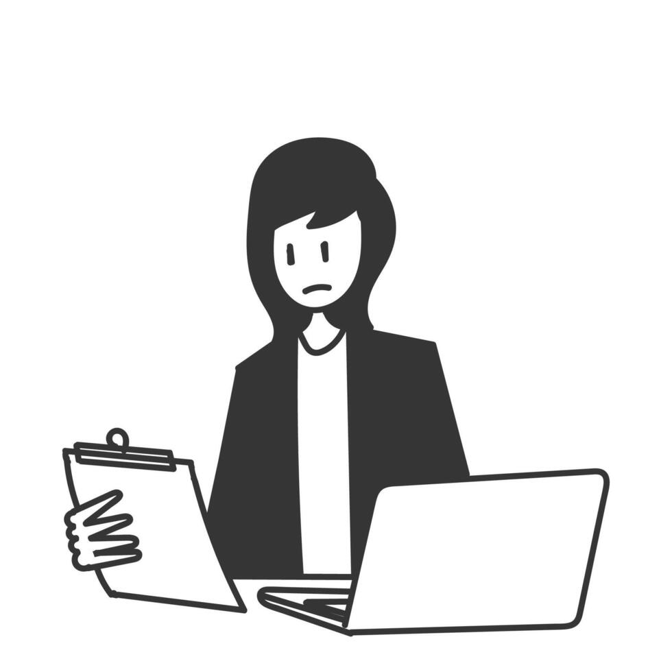 a woman is sitting at a desk with a laptop and document checking vector
