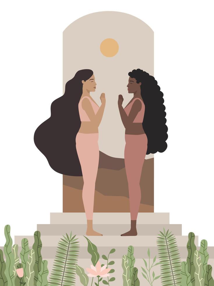 White and Brown women doing yoga poster vector