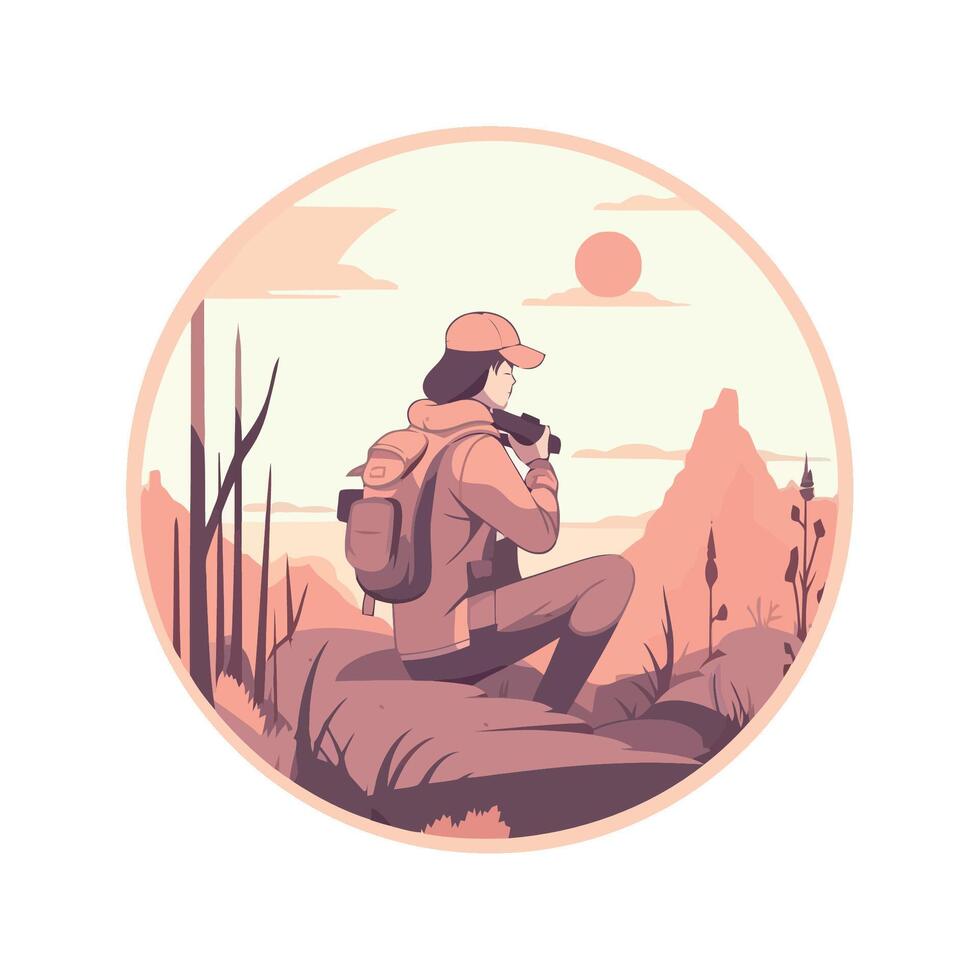 A man sitting on a rock with a camera vector