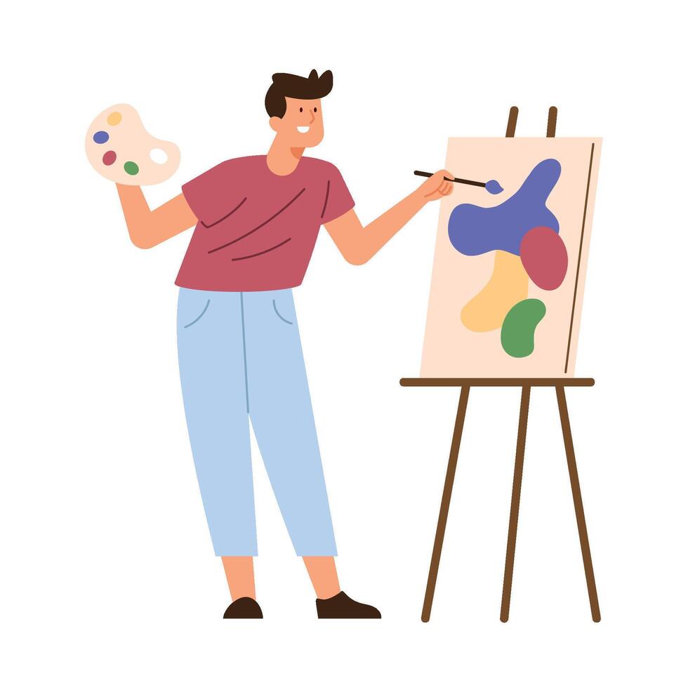A man is holding a paintbrush and painting on a canvas vector