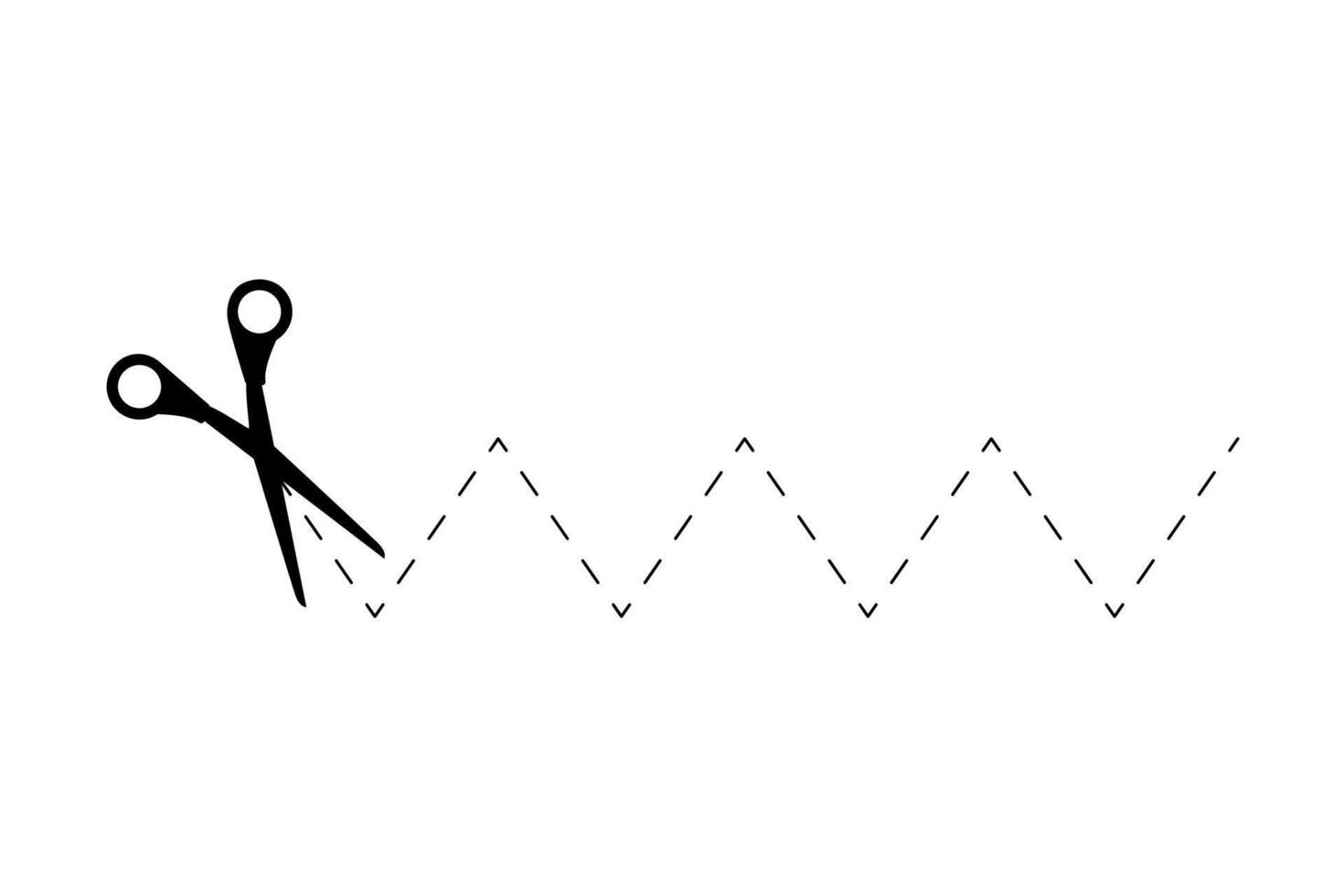 Scissors icons with dotted zigzag lines path. Cut here pictogram for coupons, vouchers, labels, paper pages. Simple graphic stock illustration isolated on white background. vector