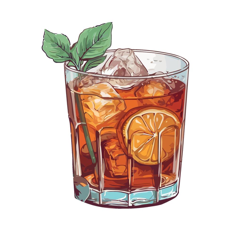 un vaso de con hielo té con limón y menta hojas vector