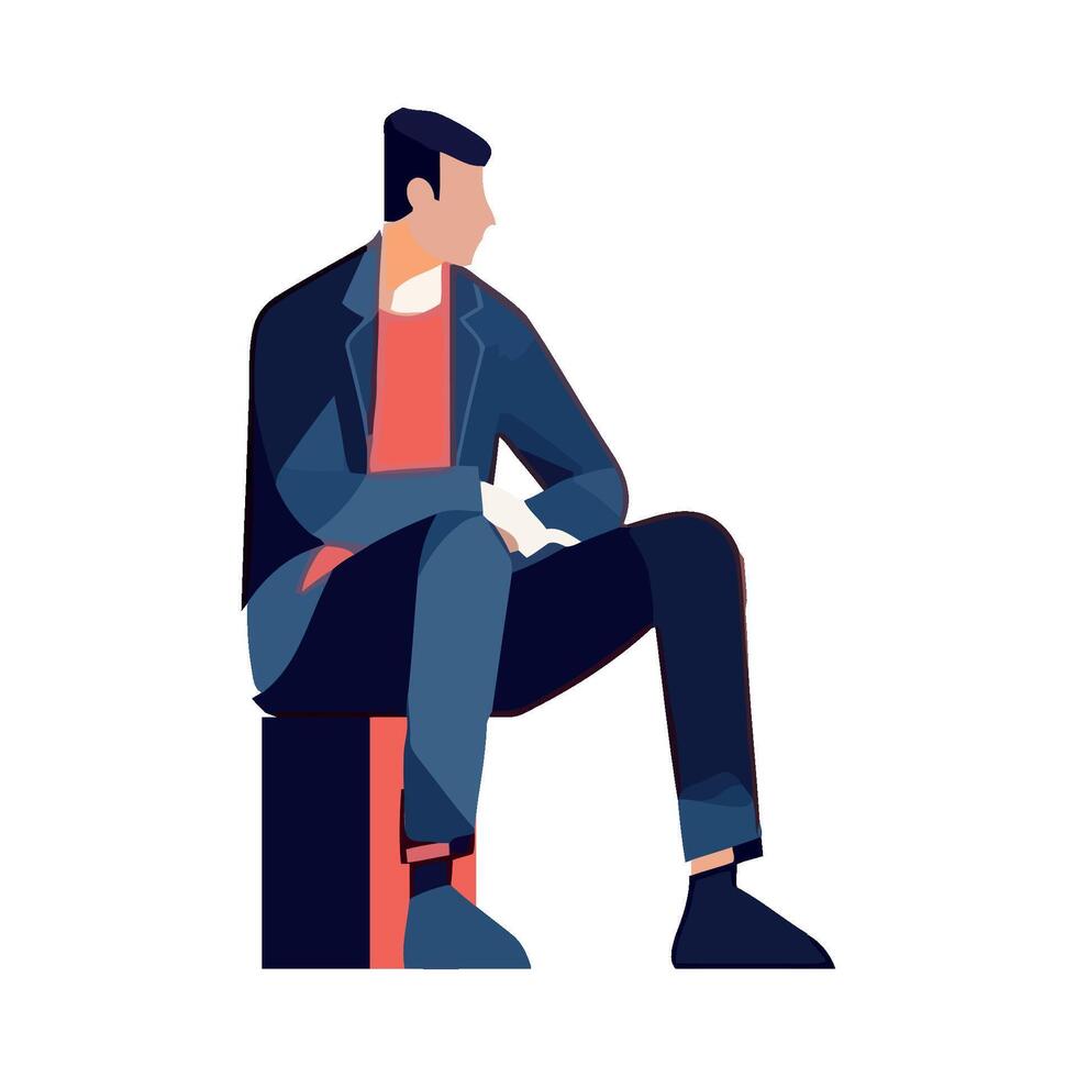 A man sitting on a chair with his hands on his knees vector