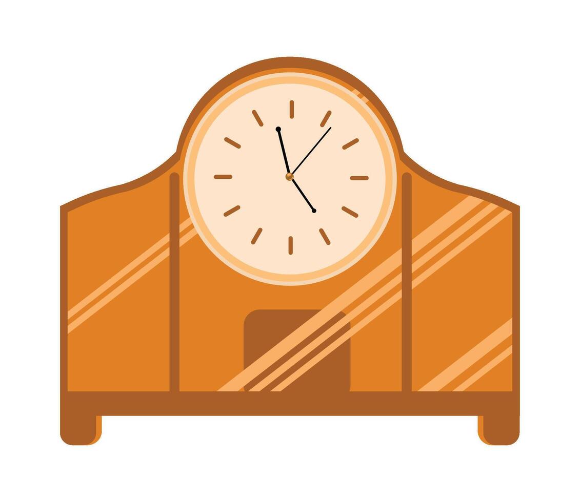 A clock on a wooden table with a white face vector