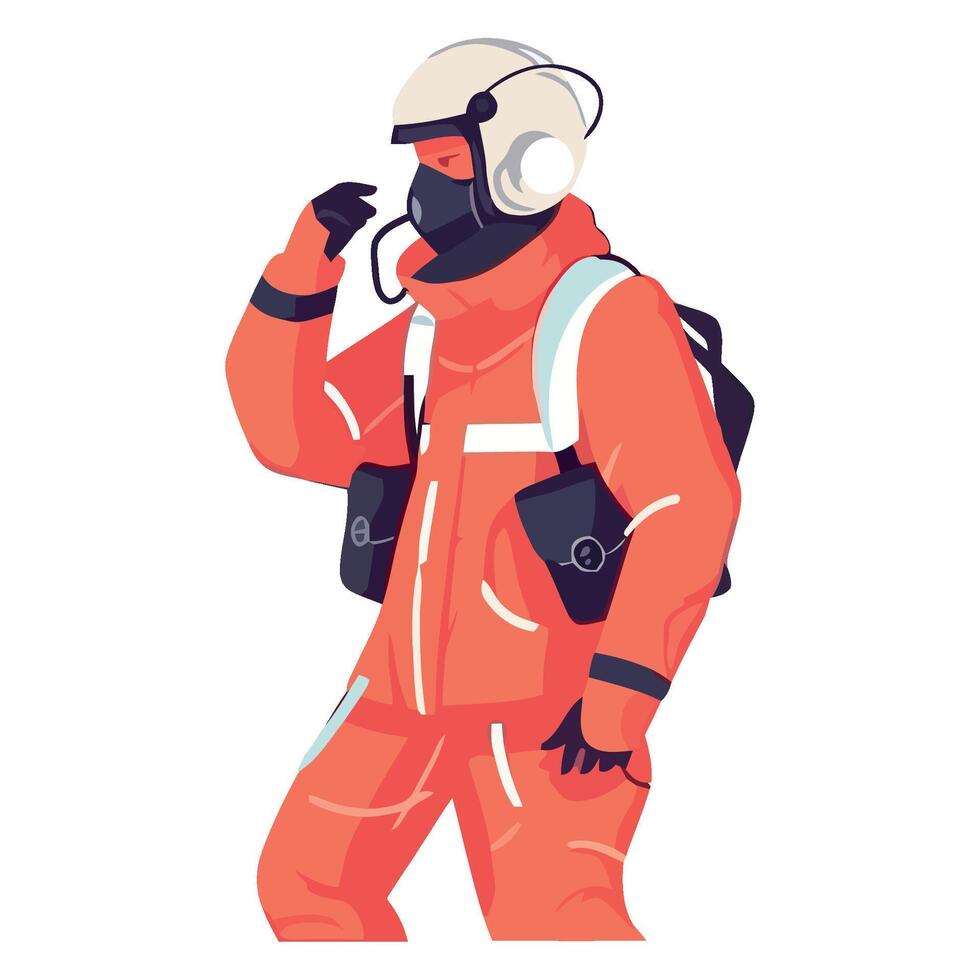 A man in an orange suit and helmet is talking on a phone vector