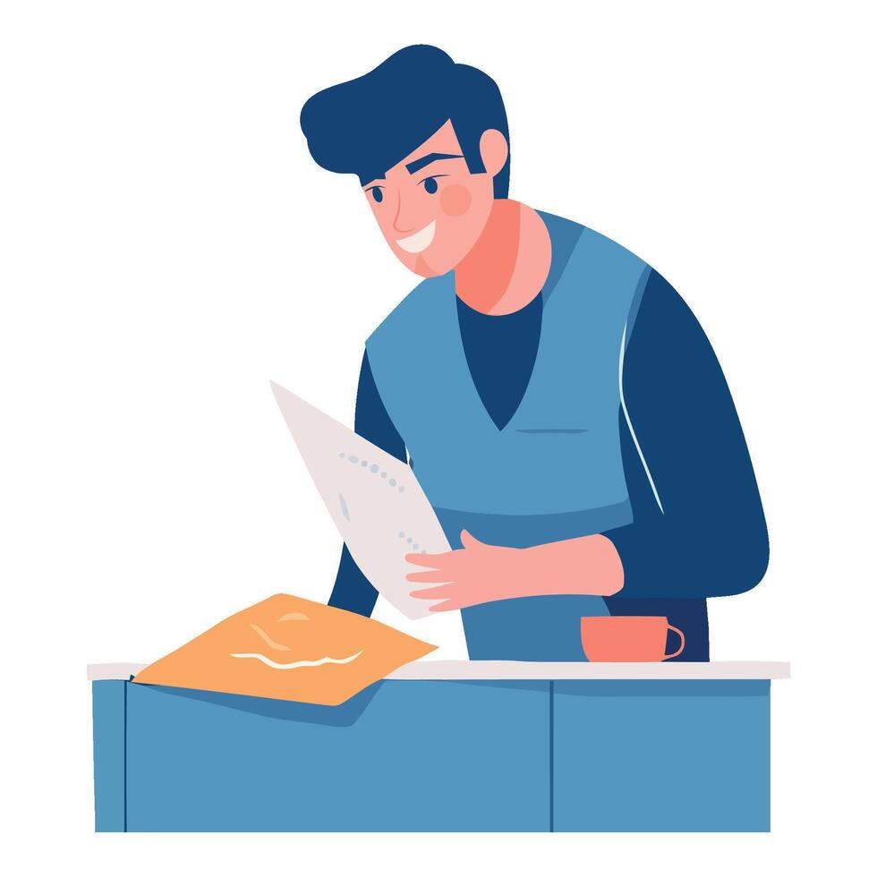 A man in an apron is holding a piece of paper vector