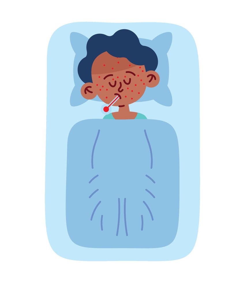 Illustration of a sick boy with a fever in bed vector