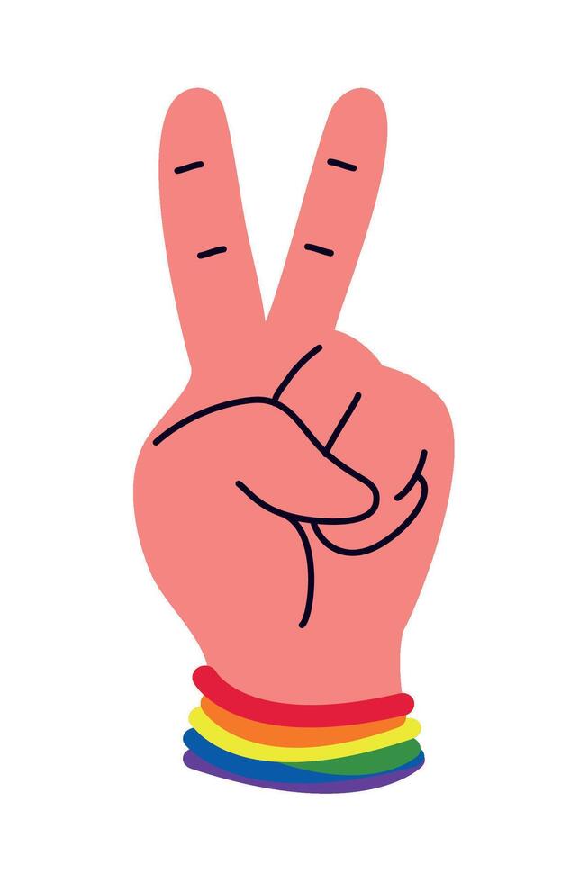A hand with a rainbow band on it making the peace sign vector