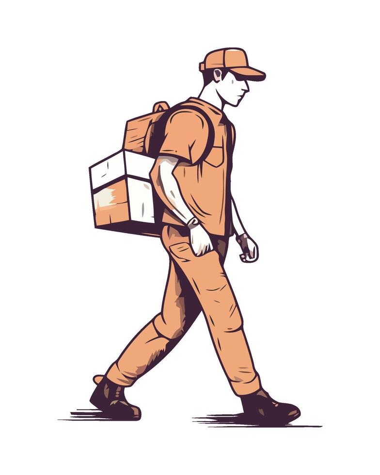 Delivery man walking with a box on his back vector