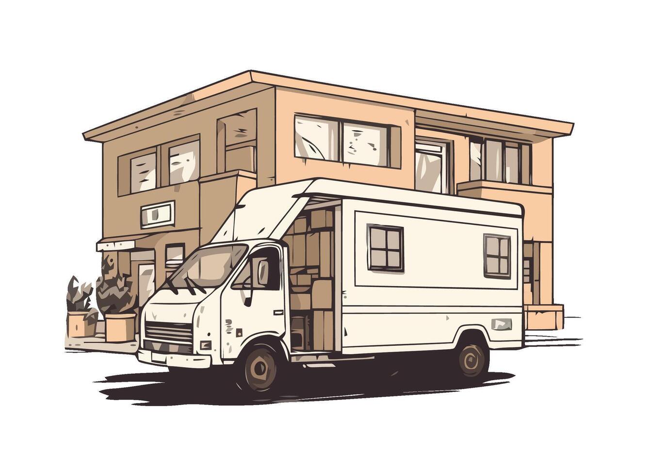 A moving truck is parked in front of a house vector