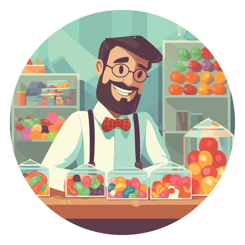 A cartoon illustration of a man in a candy store vector