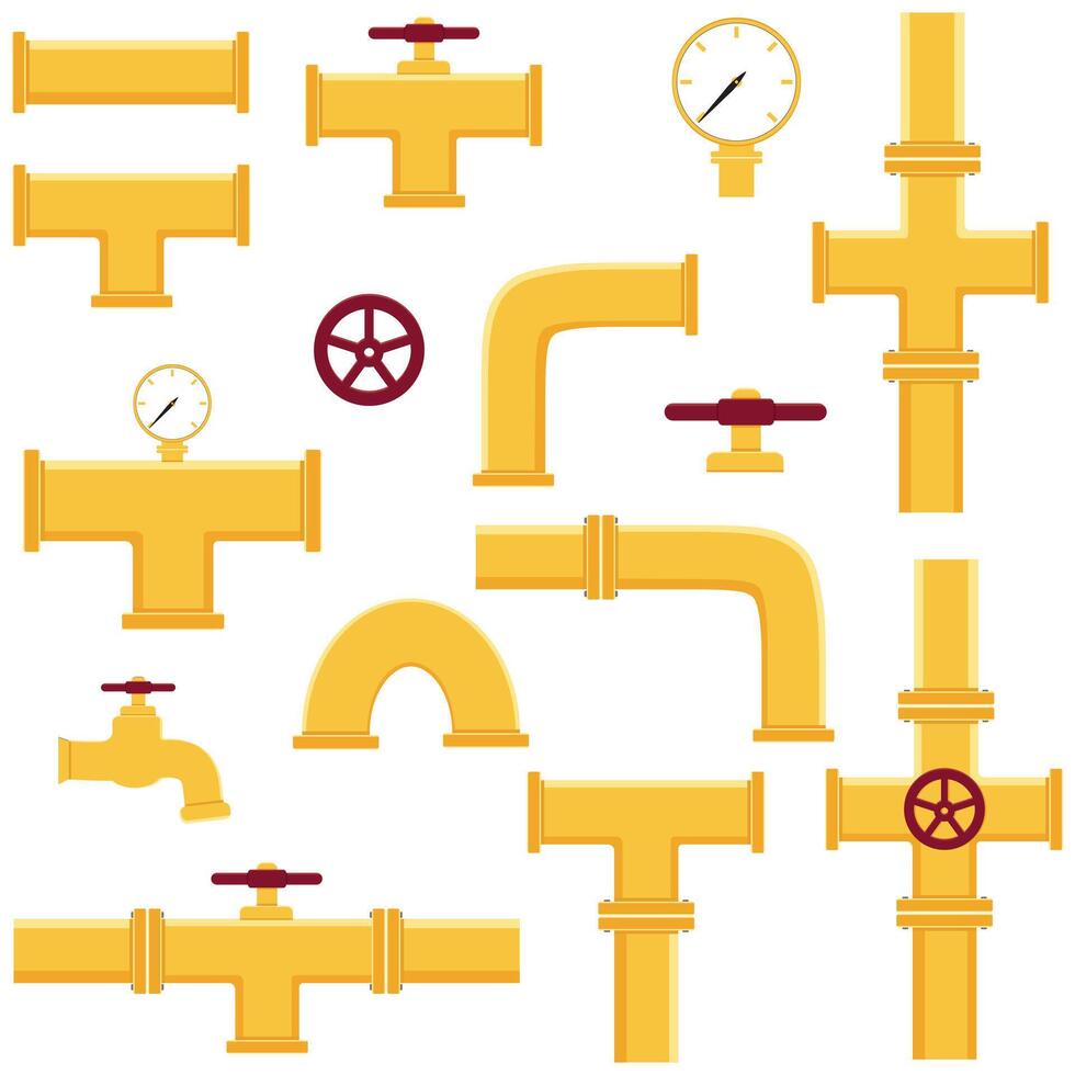 A set of industrial pipelines. Oil, water or gas pipeline with fittings and valves. Isolated illustration vector