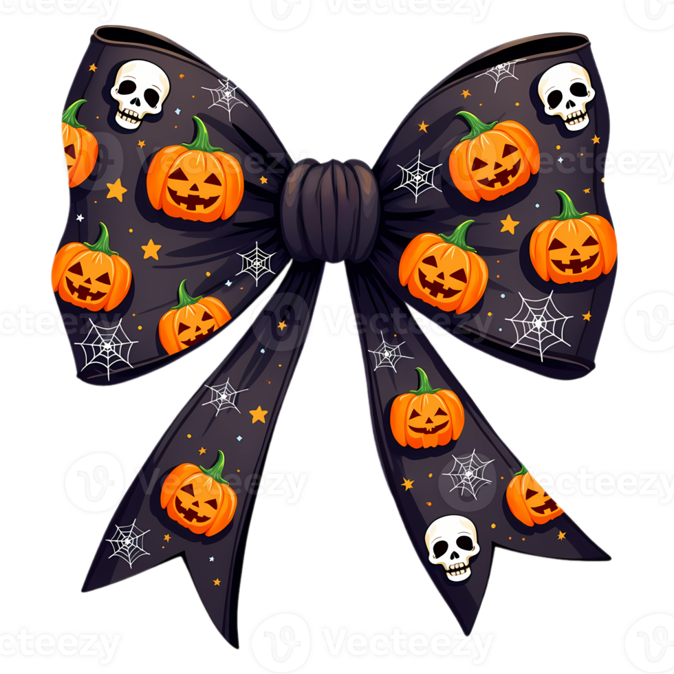 Halloween bow with pumpkins, skulls, and spiderwebs, perfect for holiday decorations, party themes, gift wrapping, and festive crafts png