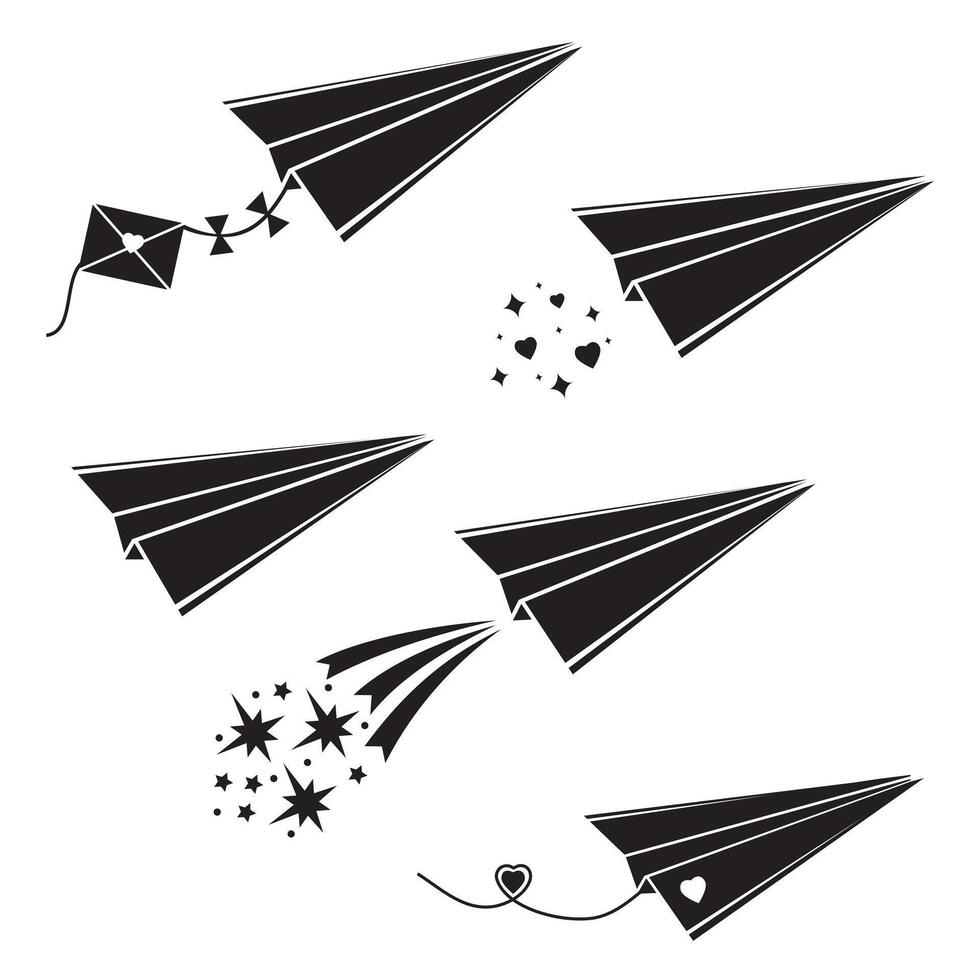 Set of paper airplanes black stencil, silhouette icon, isolated illustration on a white background vector