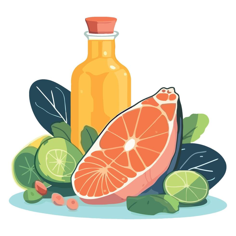 Citrus fruits and vegetables with a bottle of oil vector