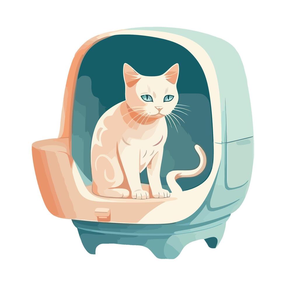 A white cat is sitting in a small toilet vector