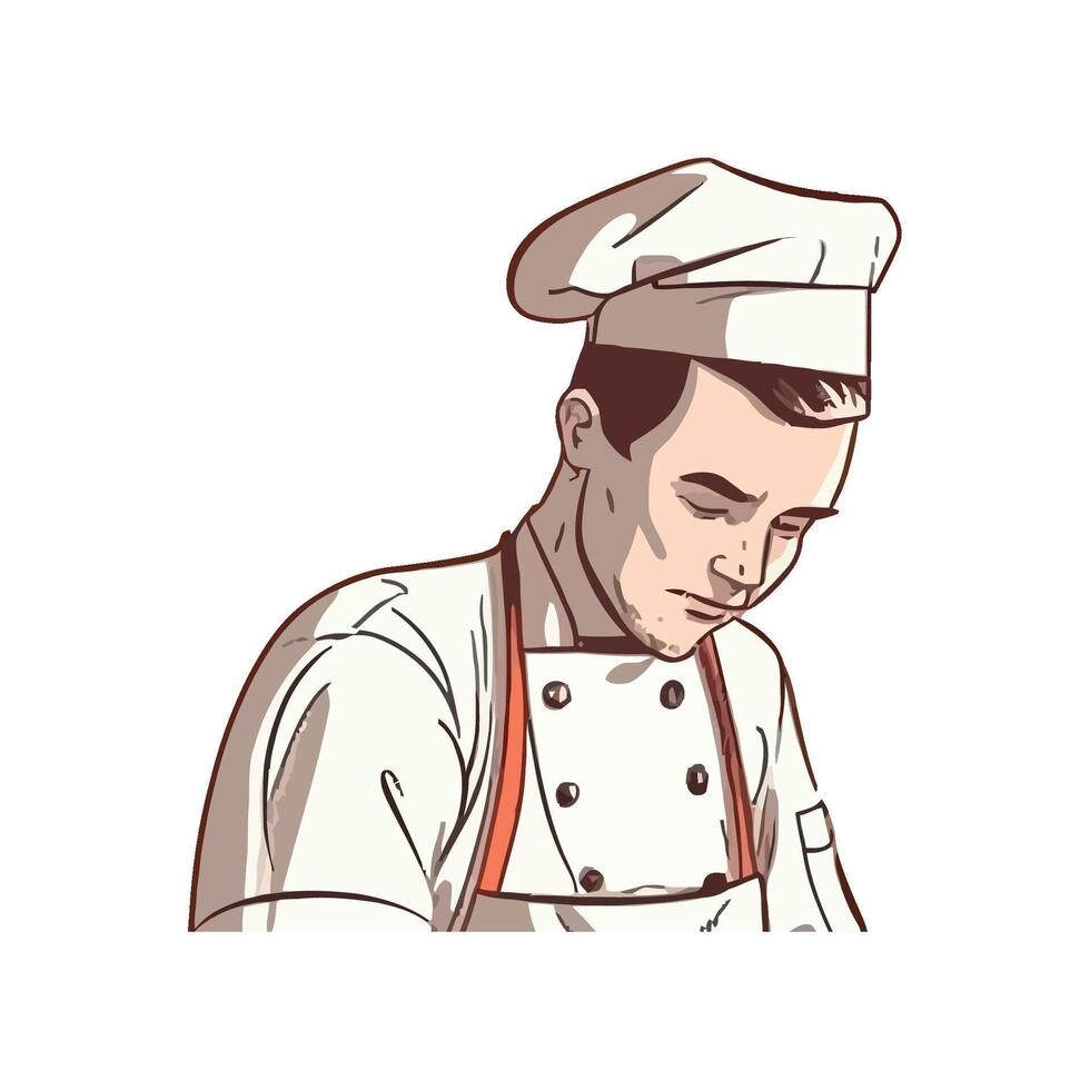 A chef in a hat is looking down at something vector