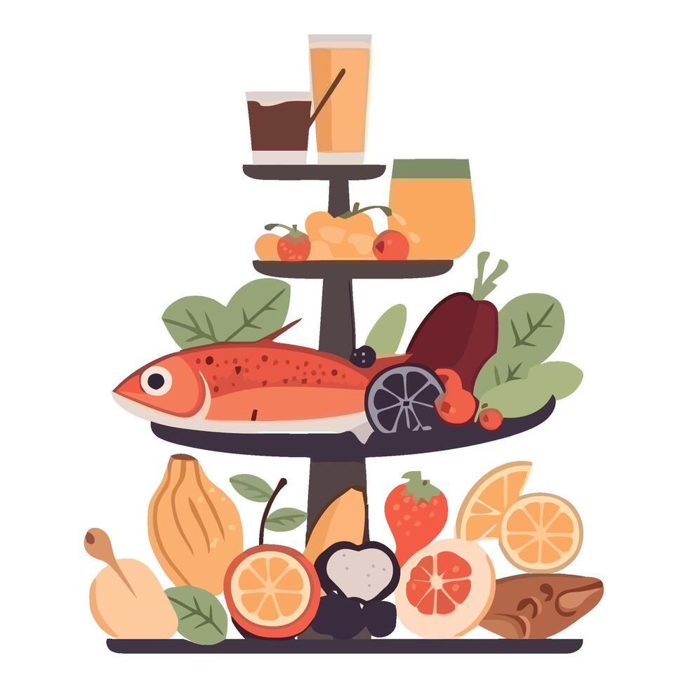 A fish is sitting on a plate with fruit and vegetables vector