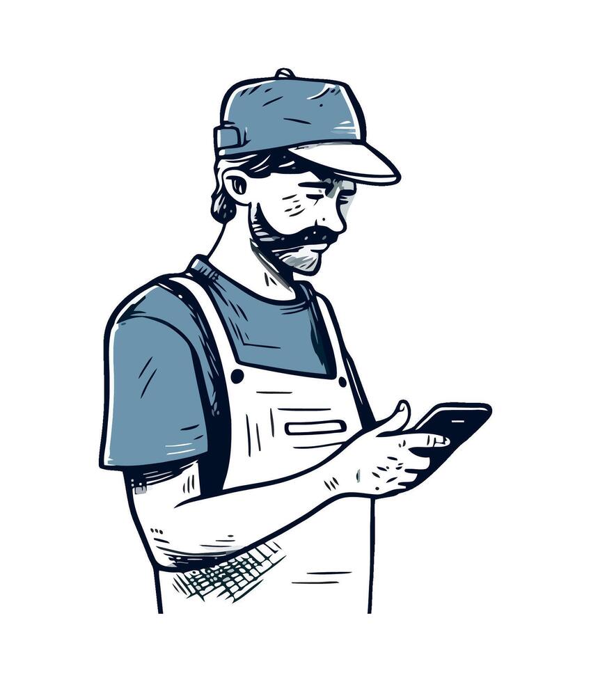 A man in an apron and cap is holding a phone vector