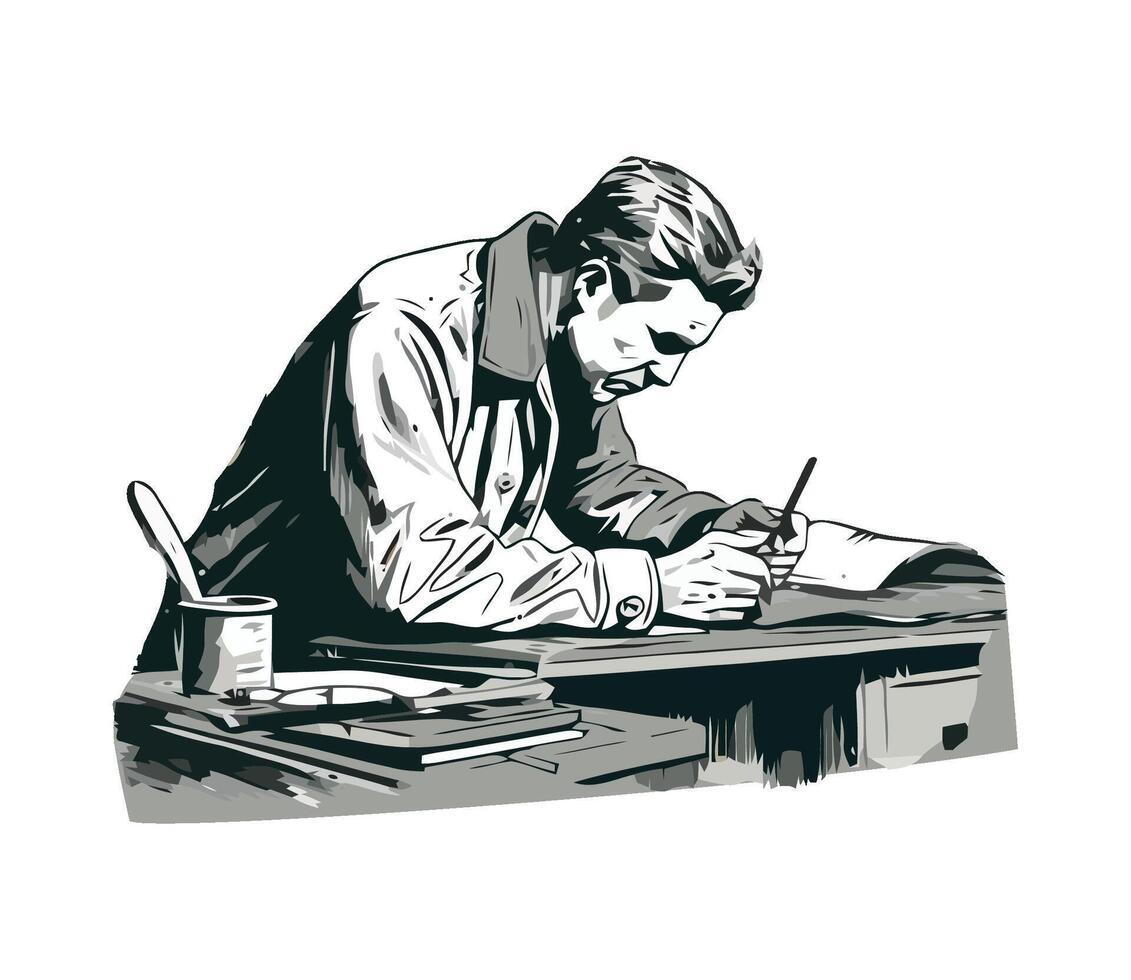 A man writing on a desk with a pen vector