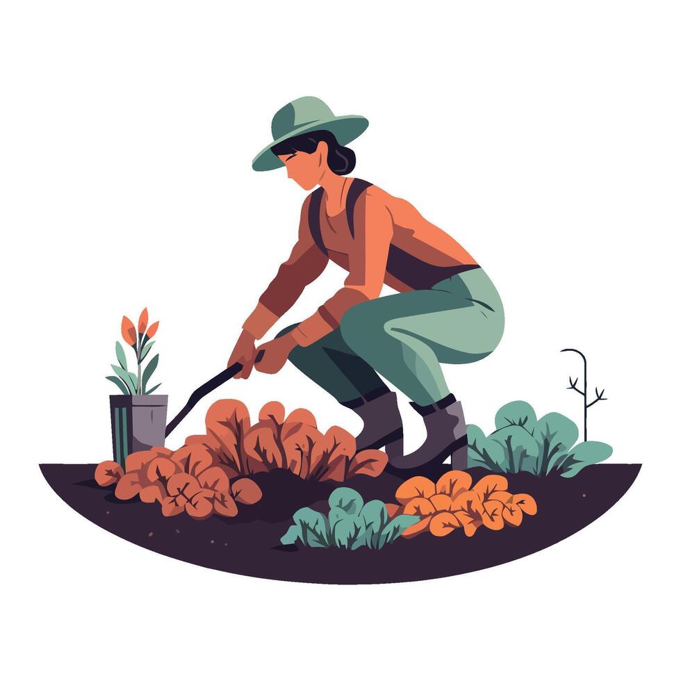 A woman is working in the garden with a shovel vector