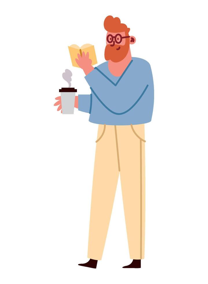 Man reading book and drinking coffee illustration vector