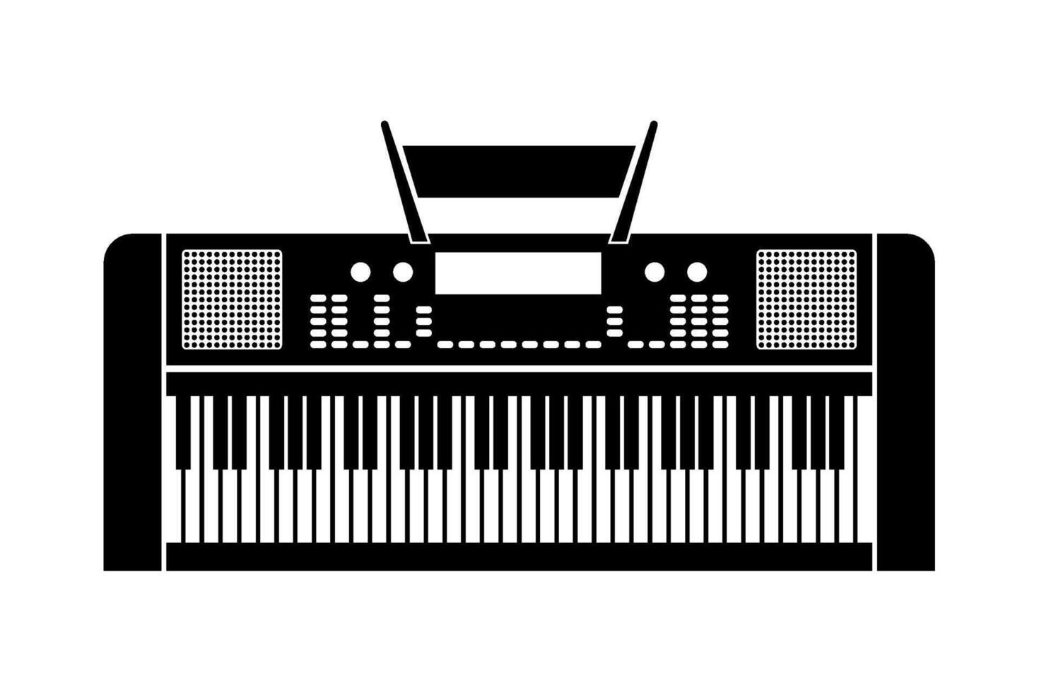 An electronic keyboard is shown in black and white vector