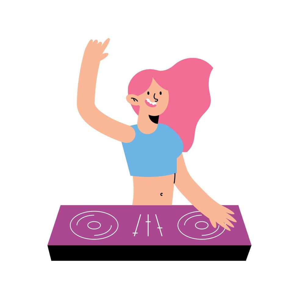 A woman with pink hair is playing a dj vector