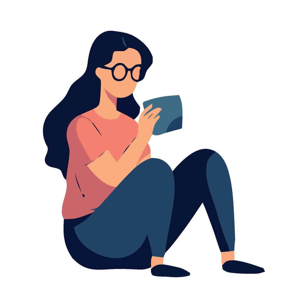 Woman sitting on the floor with a tablet computer vector