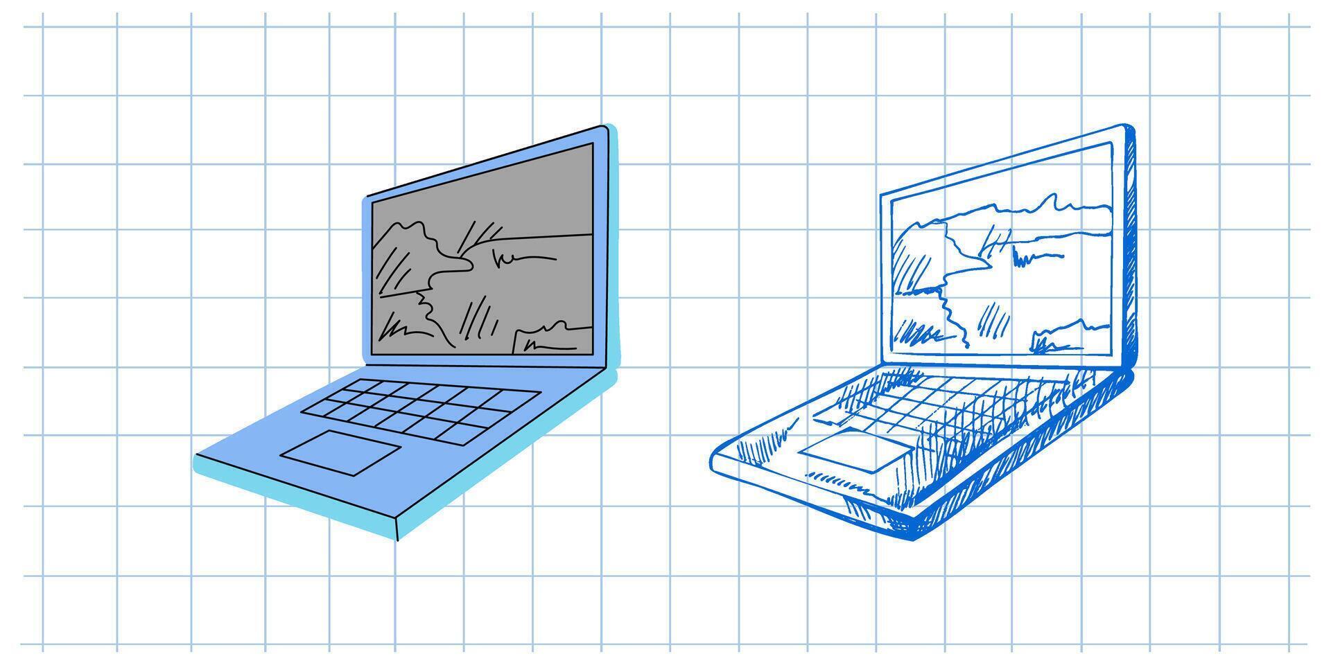 flat and hand drawn style school and office supplies Illustration. Laptop illustration. Back to School. School essential illustration. vector