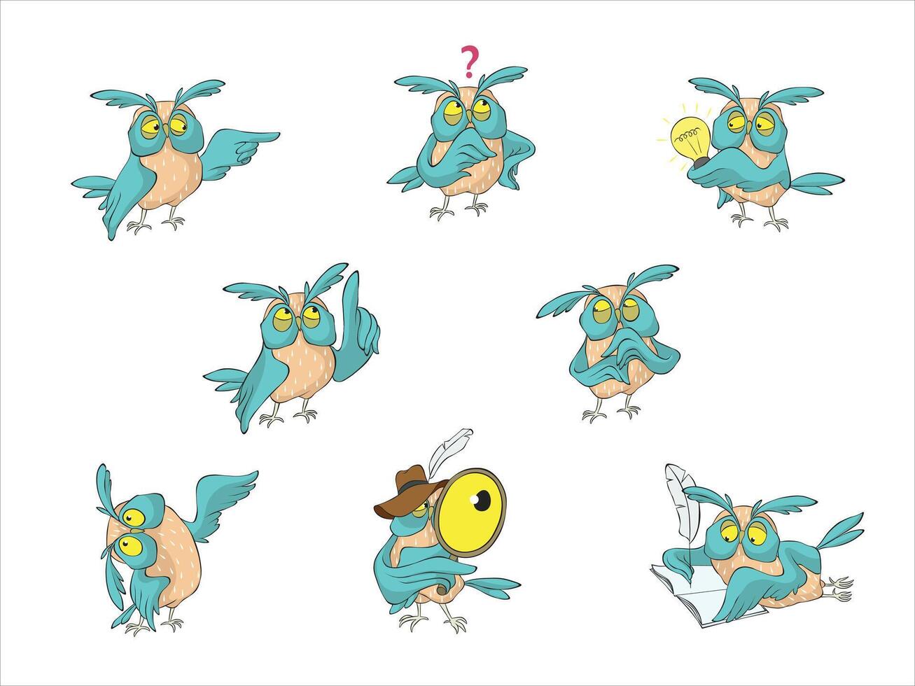 Cute Owl Funny Cartoon, different positions and expressions. Isolated Set. Editable colors. vector