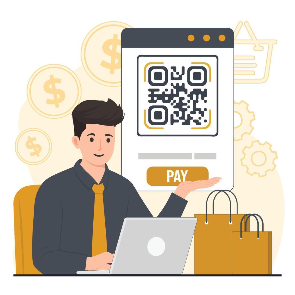 Online payment concept scanning qr code concept illustration of a man with a laptop and a QR code on the screen. vector