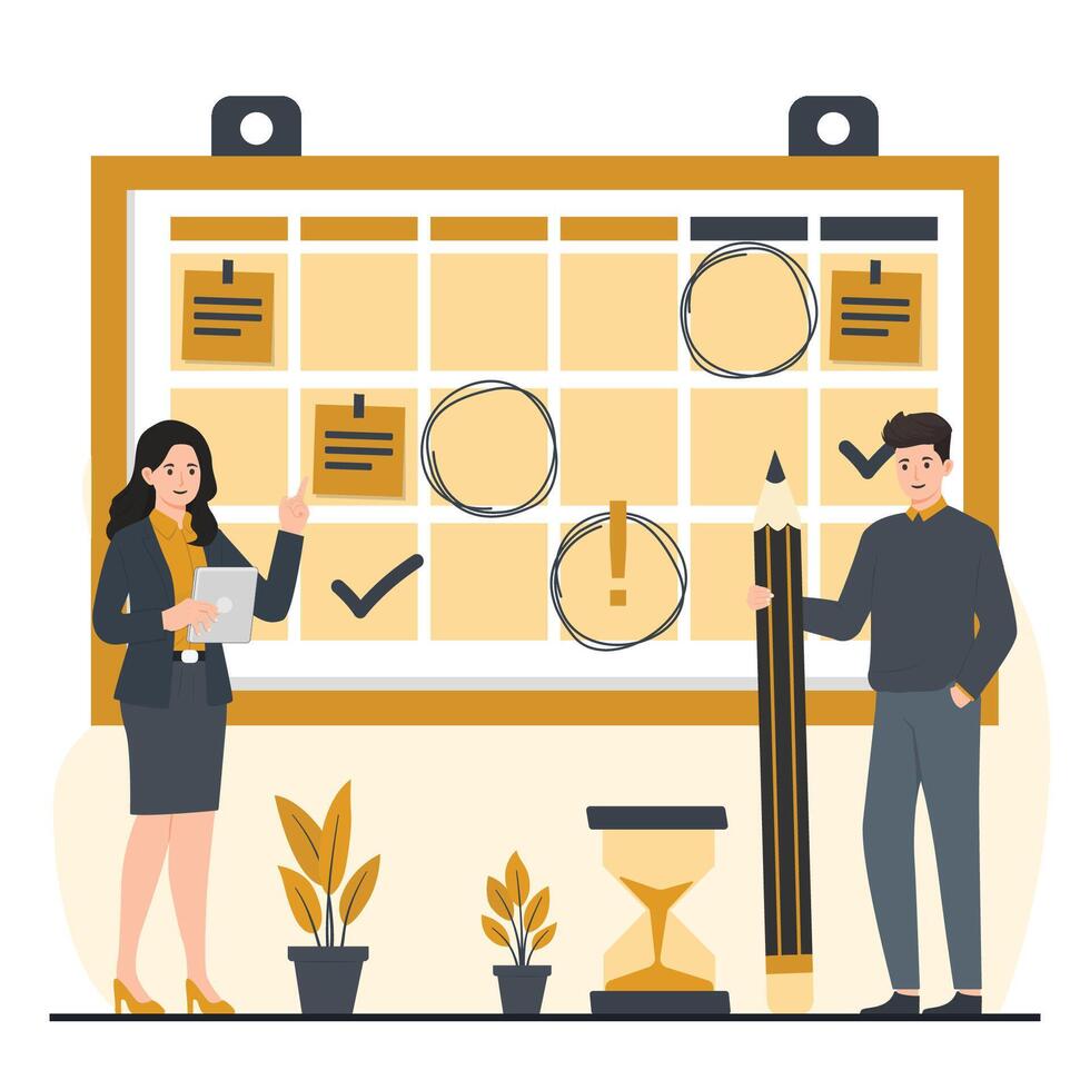 planning schedule concept Planning, business strategy and planning concept. Businessman and businesswoman standing near flipchart with planning elements. Flat illustration. vector
