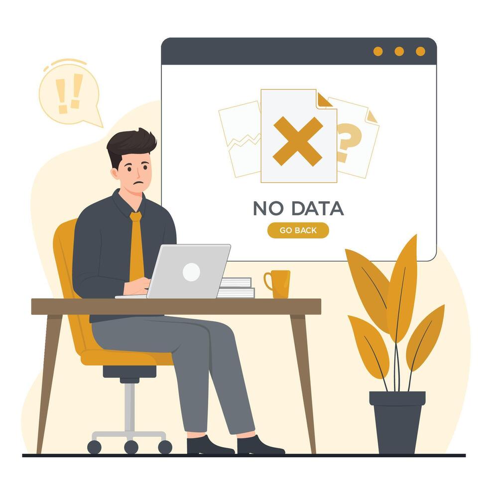 Flat no data concept Man working on laptop in office. Flat design. illustration. vector