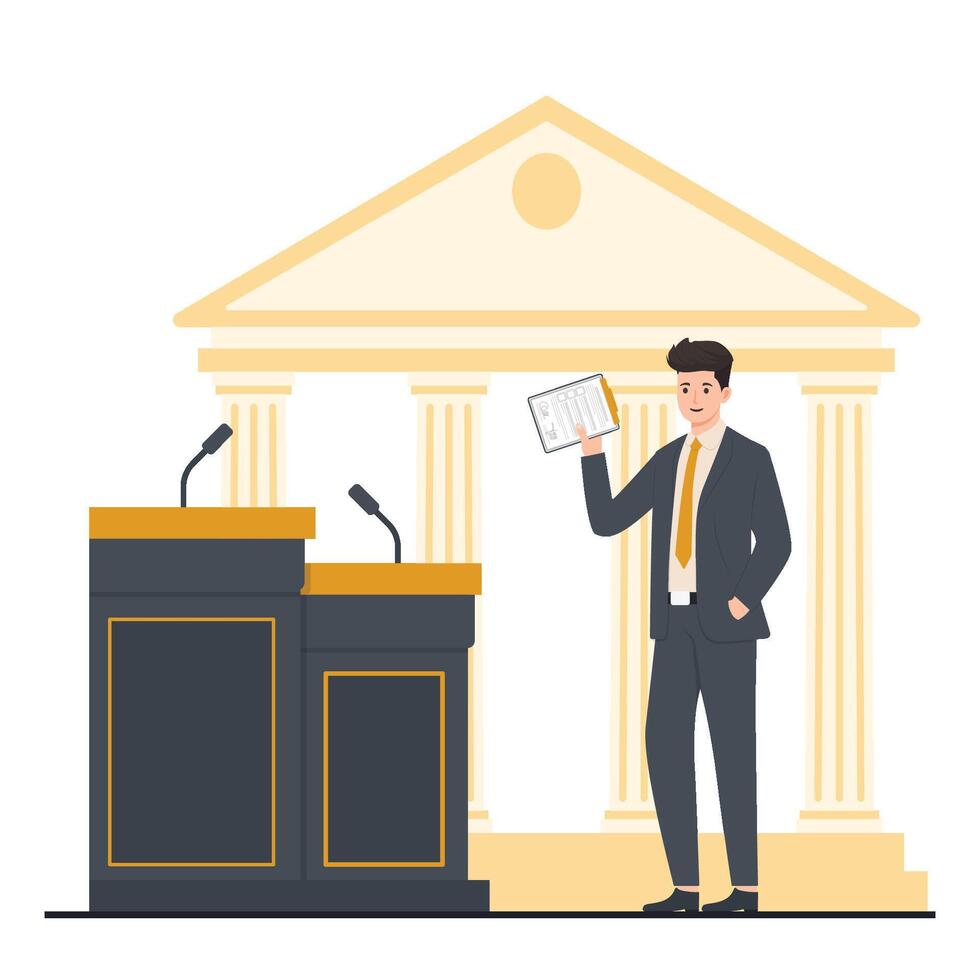 Law and justice concept with judge, scales of justice, lawyer and law books illustration 1 vector
